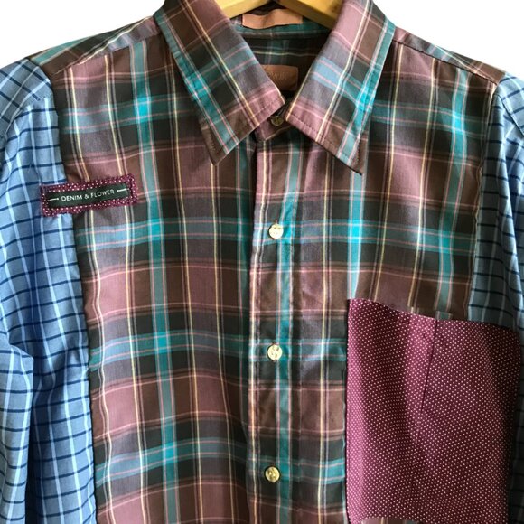 Upcycled Patchwork Button-Down Shirt, Size M-L: Boho Fringed Hem, Mixed Print - Picture 4 of 13